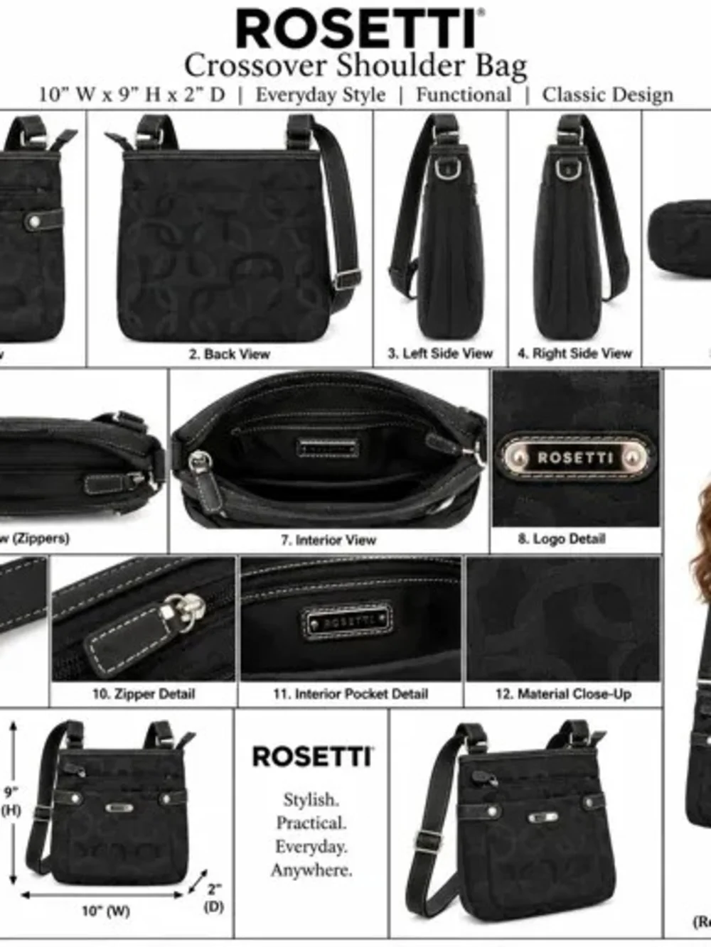Rosetti Black Crossbody Crossover Shoulder Bag